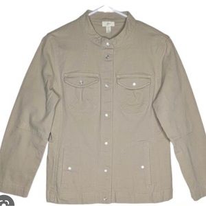 J Jill Stretch Utility Jacket Small Beige pearl snap Denim Khaki